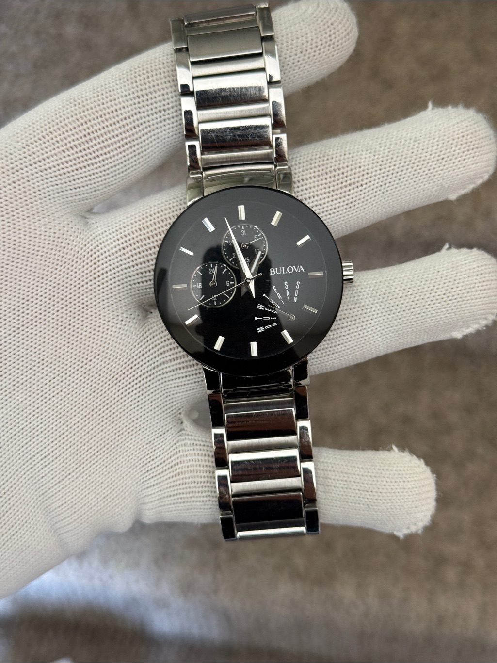 Bulova Mens Futuro Stainless Steel Silver 40mm Black Dial Watch